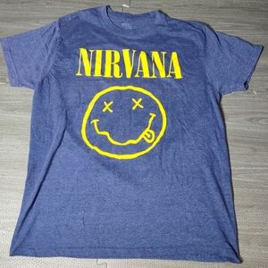 Nirvana smiley face tee shirt Unisex size Large Blue (color)